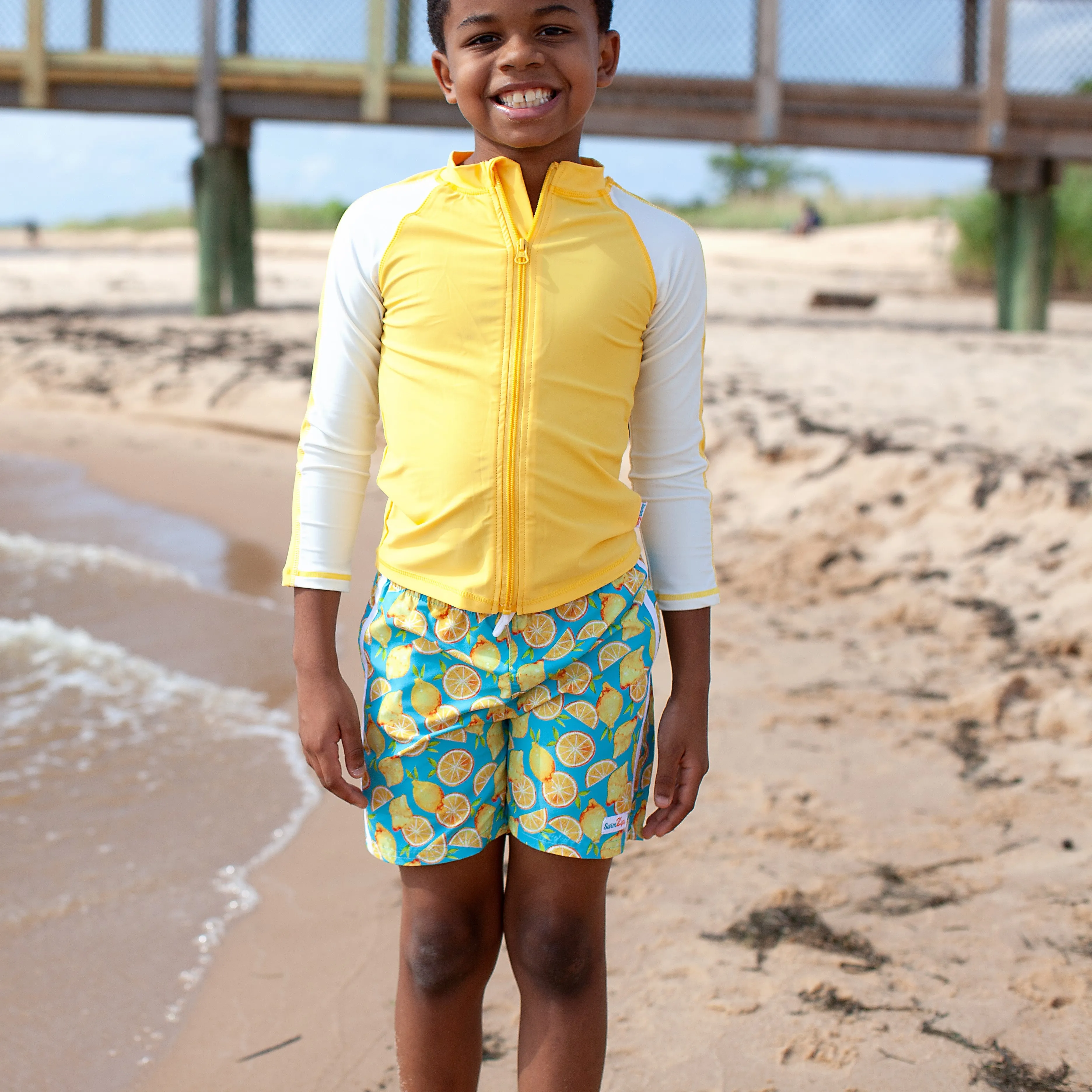 Boys Long Sleeve Zipper Rash Guard and Swim Trunk Set | "Lemons"