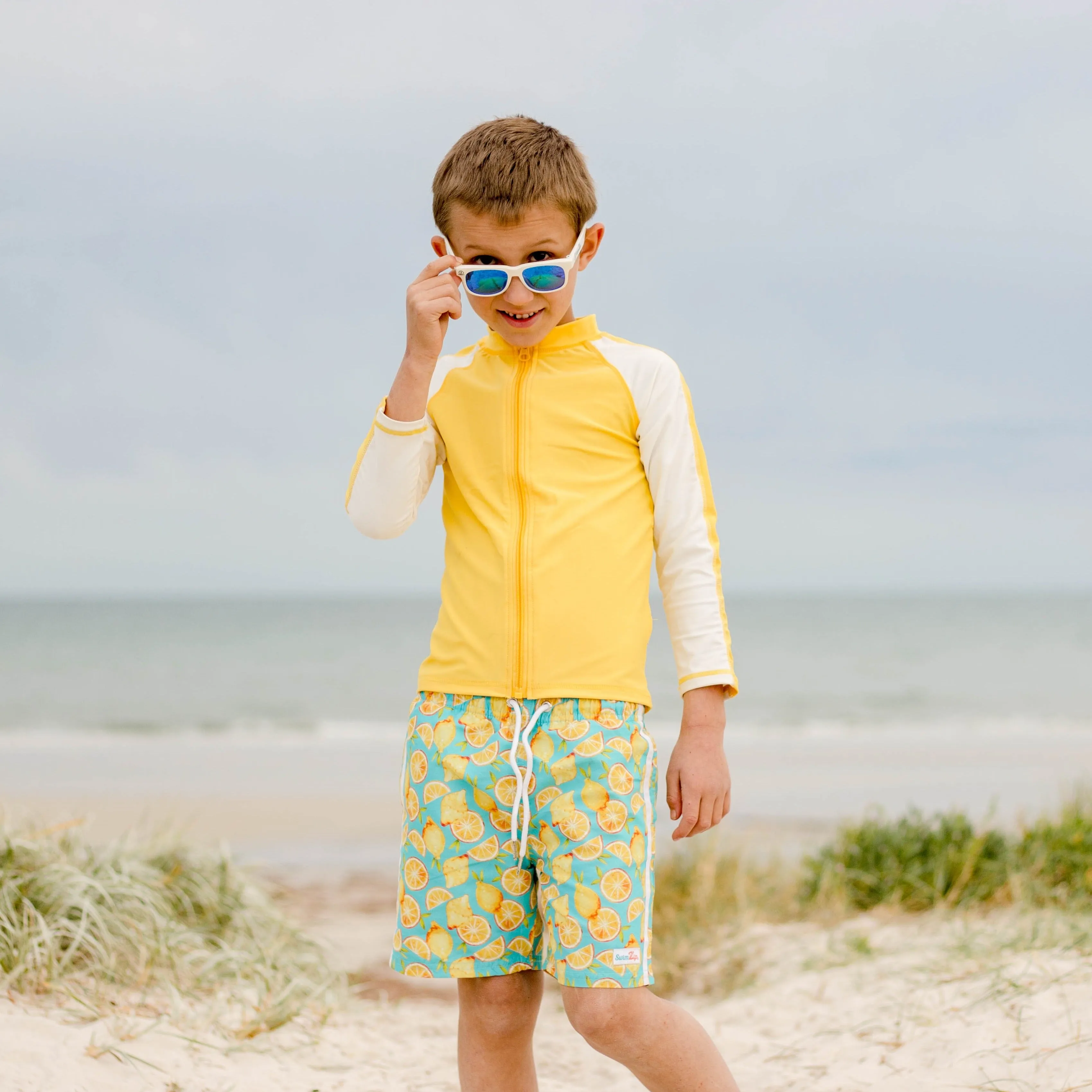 Boys Long Sleeve Zipper Rash Guard and Swim Trunk Set | "Lemons"