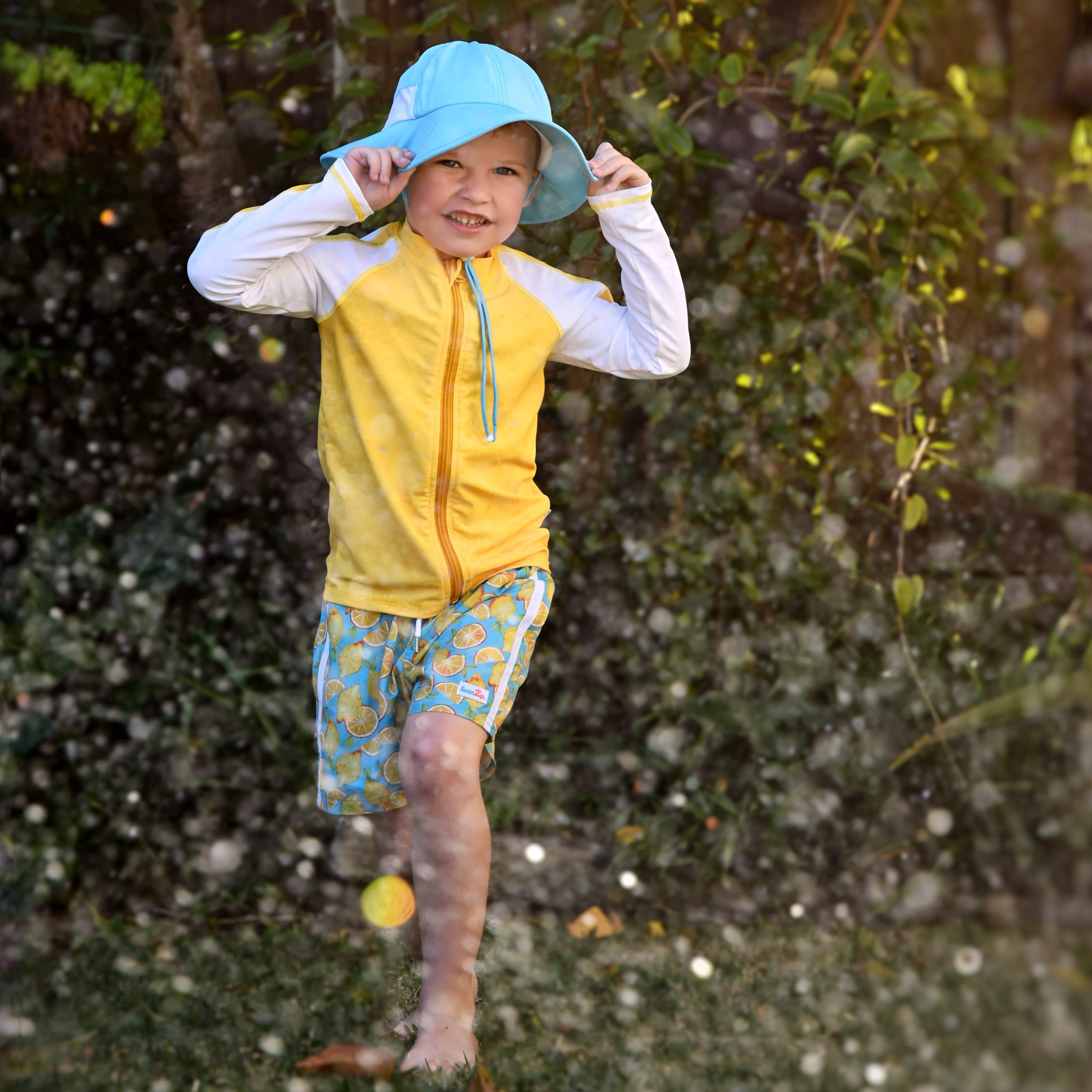 Boys Long Sleeve Zipper Rash Guard and Swim Trunk Set | "Lemons"