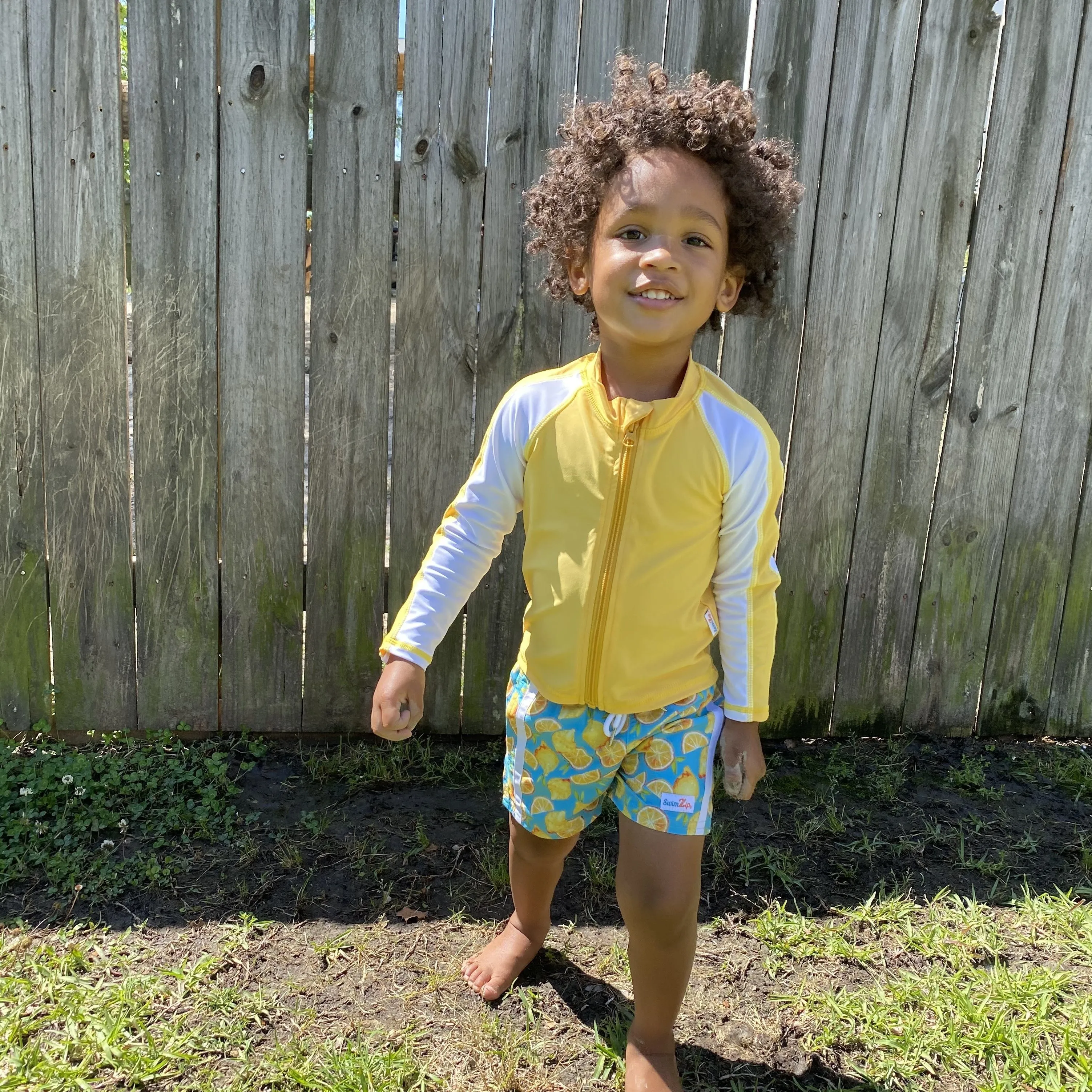 Boys Long Sleeve Zipper Rash Guard and Swim Trunk Set | "Lemons"
