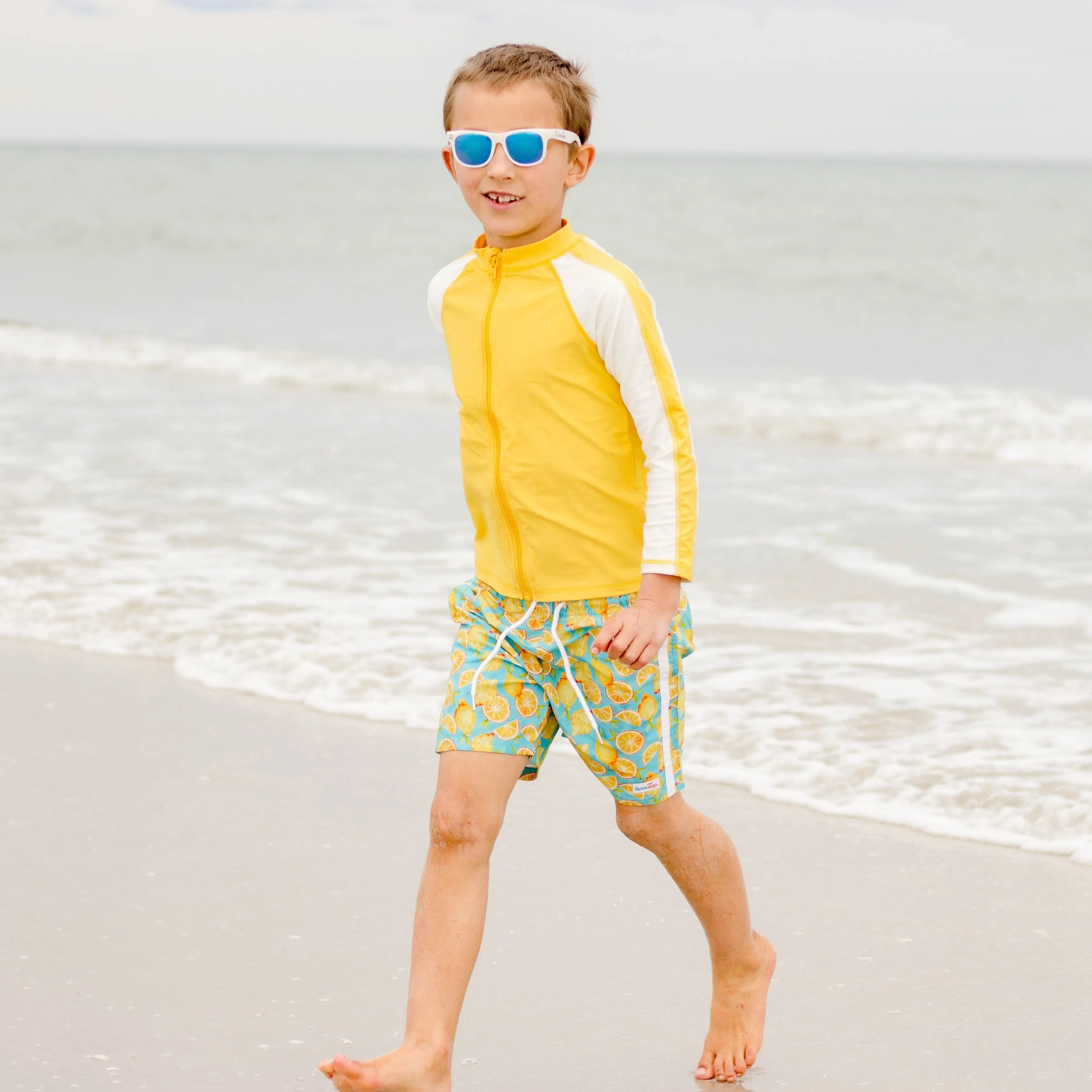 Boys Long Sleeve Zipper Rash Guard and Swim Trunk Set | "Lemons"