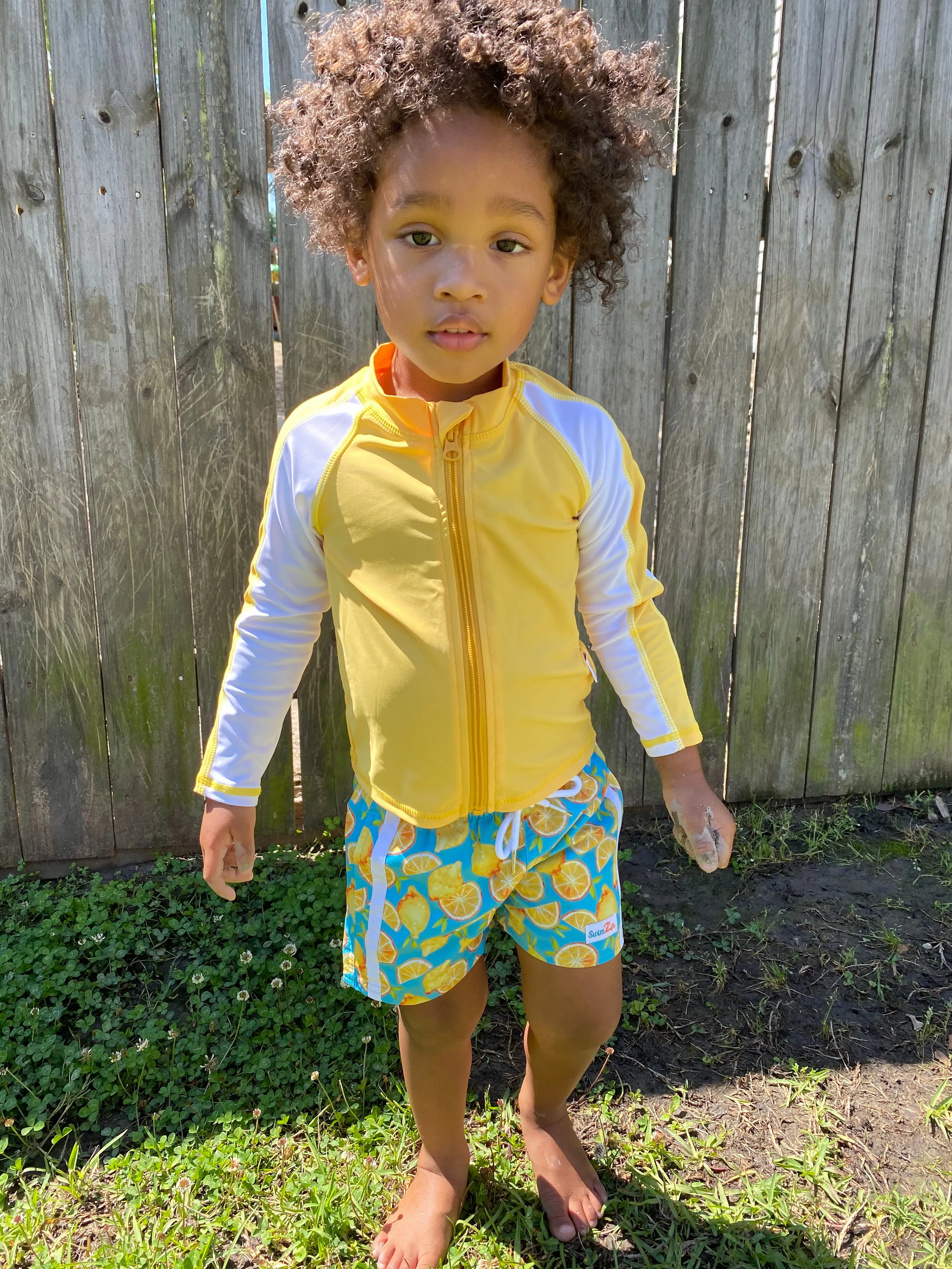 Boys Long Sleeve Zipper Rash Guard and Swim Trunk Set | "Lemons"