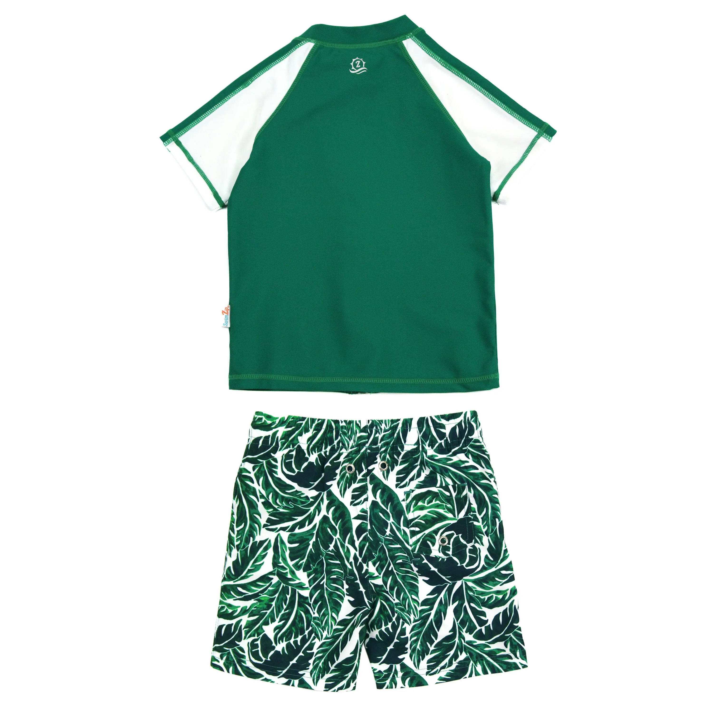 Boys Short Sleeve Zipper Rash Guard and Swim Trunk Set | "Palm Leaf"