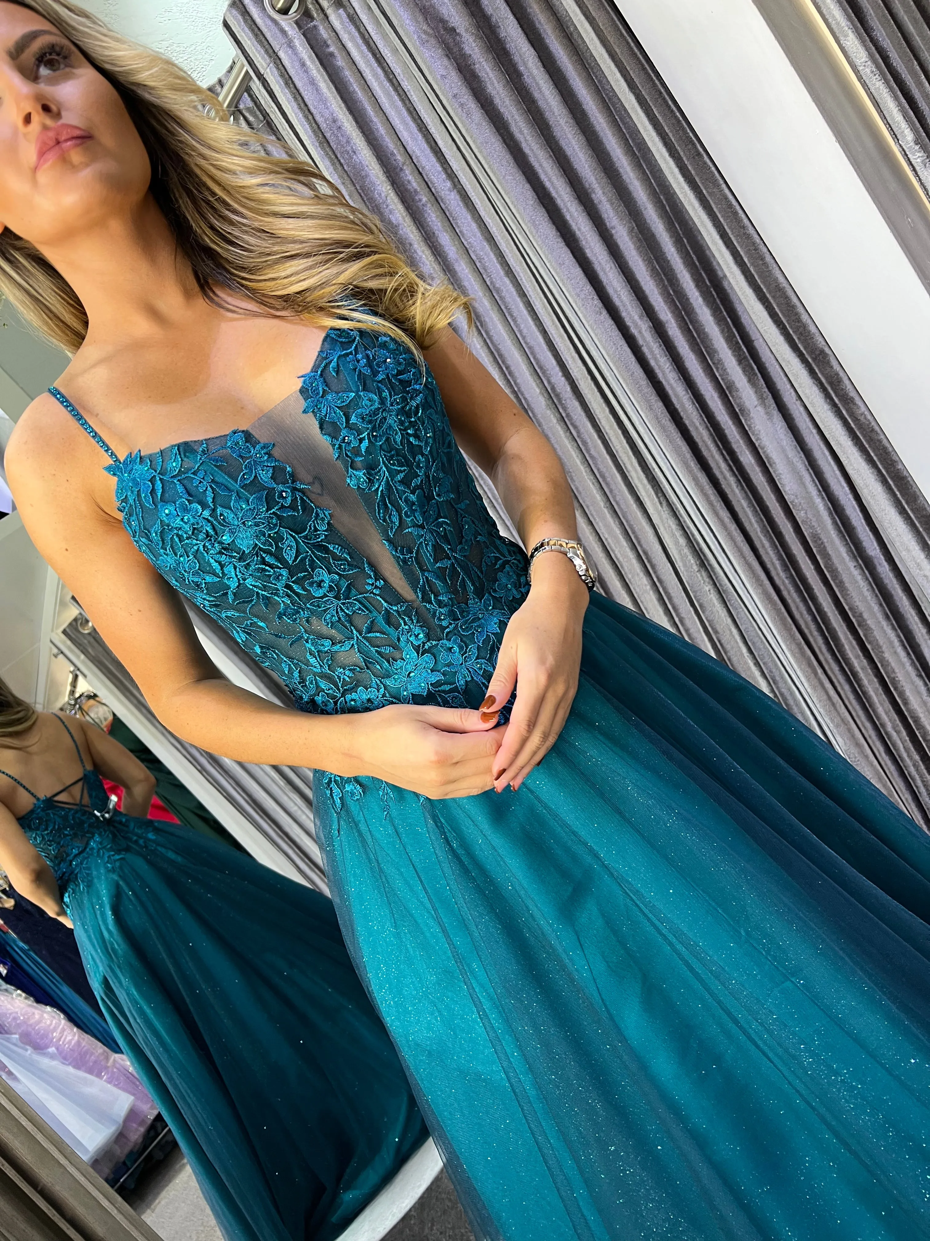 Esme teal  embellished tulle ballgown prom dress