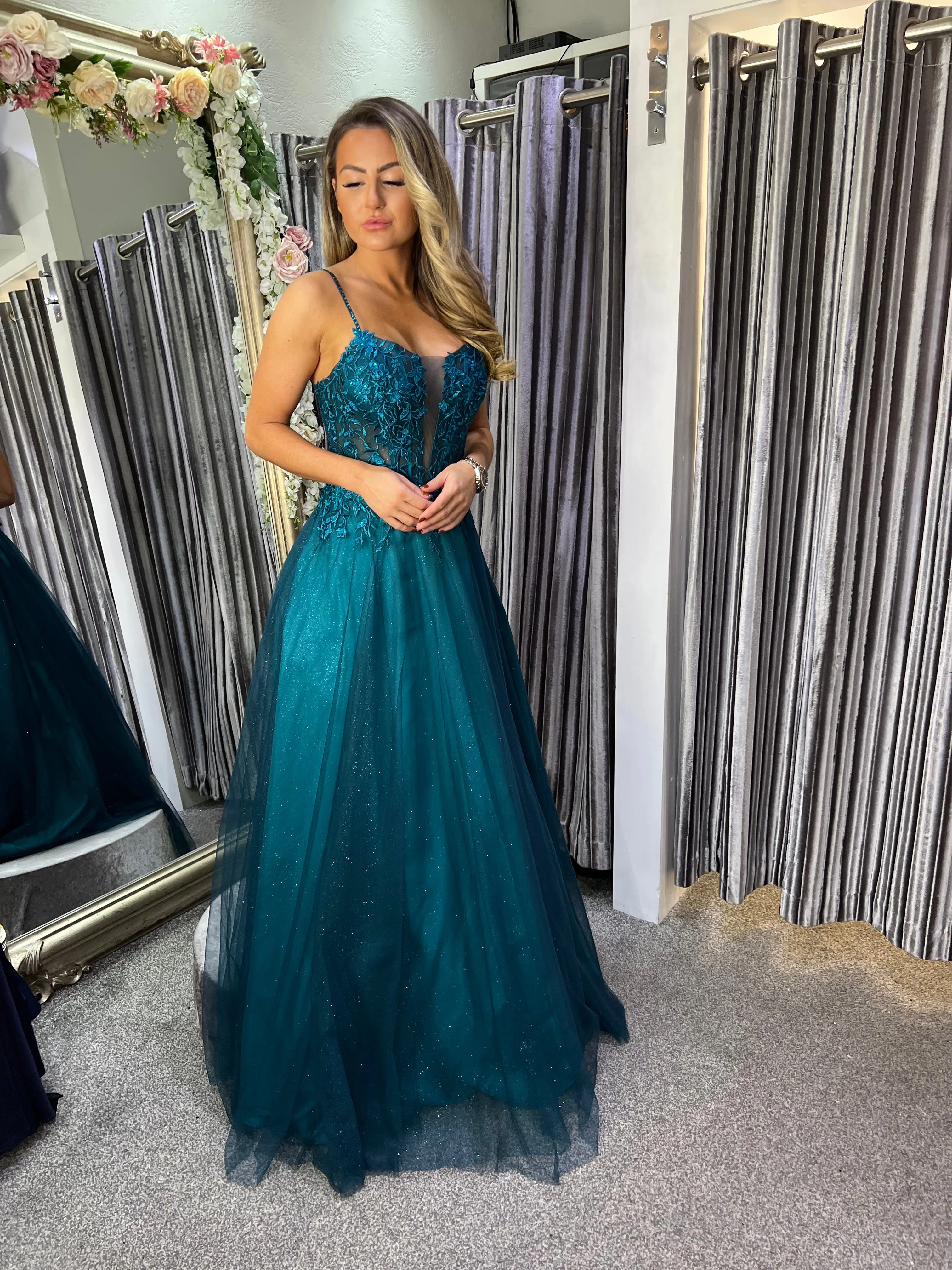 Esme teal  embellished tulle ballgown prom dress